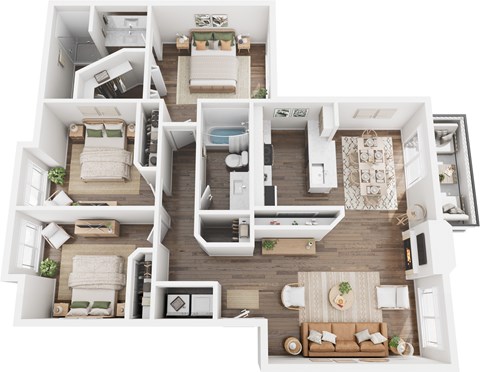 A top-down view of a modern, open-plan apartment layout.